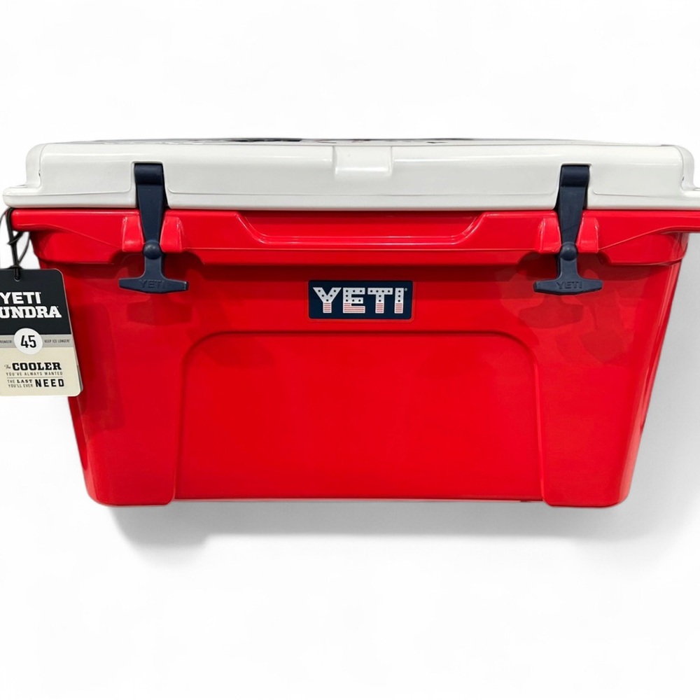 Yeti Red Cooler with White Lid and Black Latches